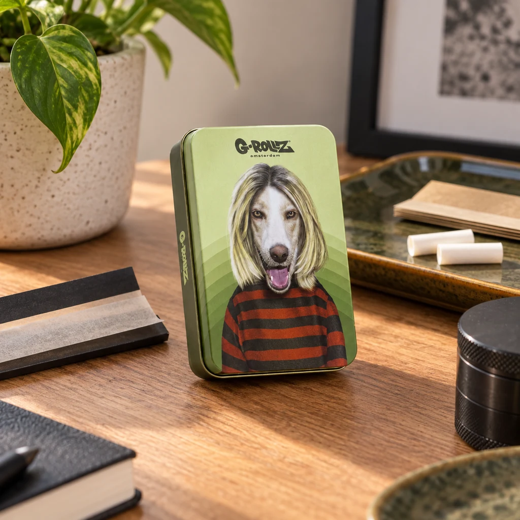Caja metálica Icons Grunge verde con un perro de pelo rubio y camiseta a rayas, sobre una mesa junto a papel de liar y un grinder.