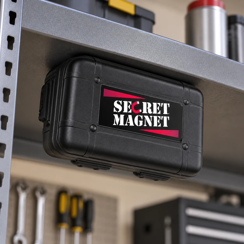 Caja negra Secret Magnet XL situada bajo una balda metálica, con etiqueta blanca y roja y herramientas desenfocadas al fondo.
