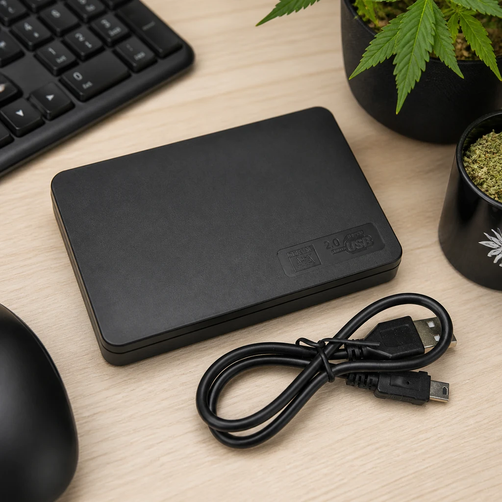 Caja de seguridad negra con forma de disco duro externo, junto a un cable USB sobre un escritorio con teclado y maceta. Caja de seguridad negra con forma de disco duro externo, junto a un cable USB sobre un escritorio con teclado y maceta.