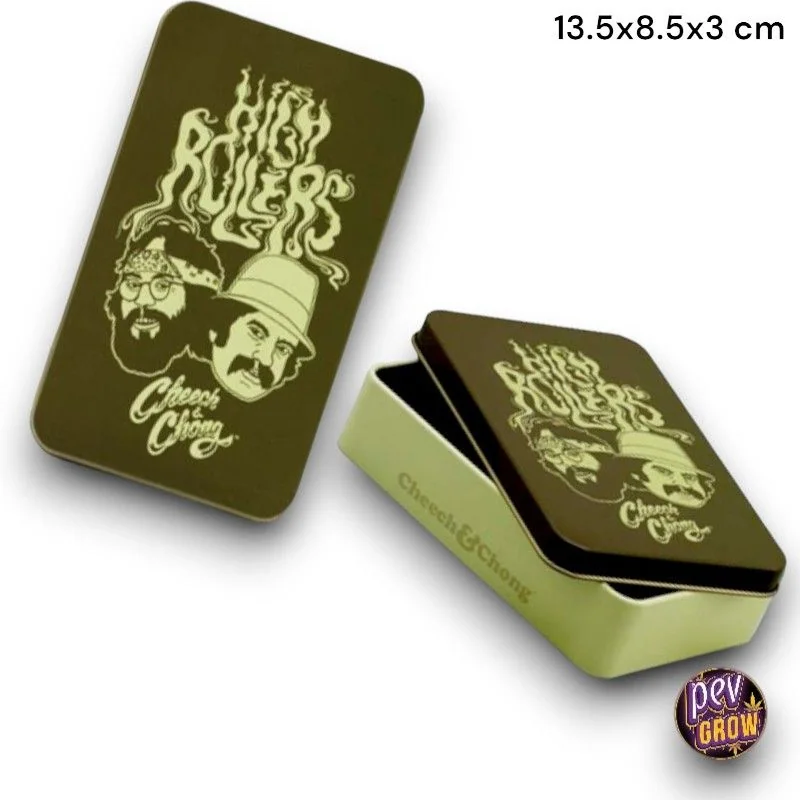 Estuche metálico Cheech & Chong en vistas cerrada y entreabierta, de tonos verdes con retratos y el texto High Rollers en la tapa.