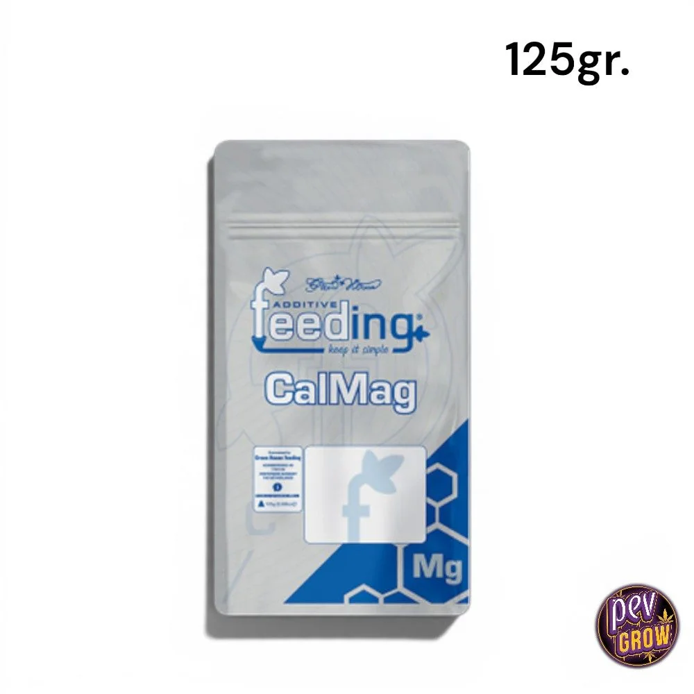 Bolsa gris de CalMag en polvo Feeding, con cierre superior y diseño azul; en la esquina superior se lee 125 gr.