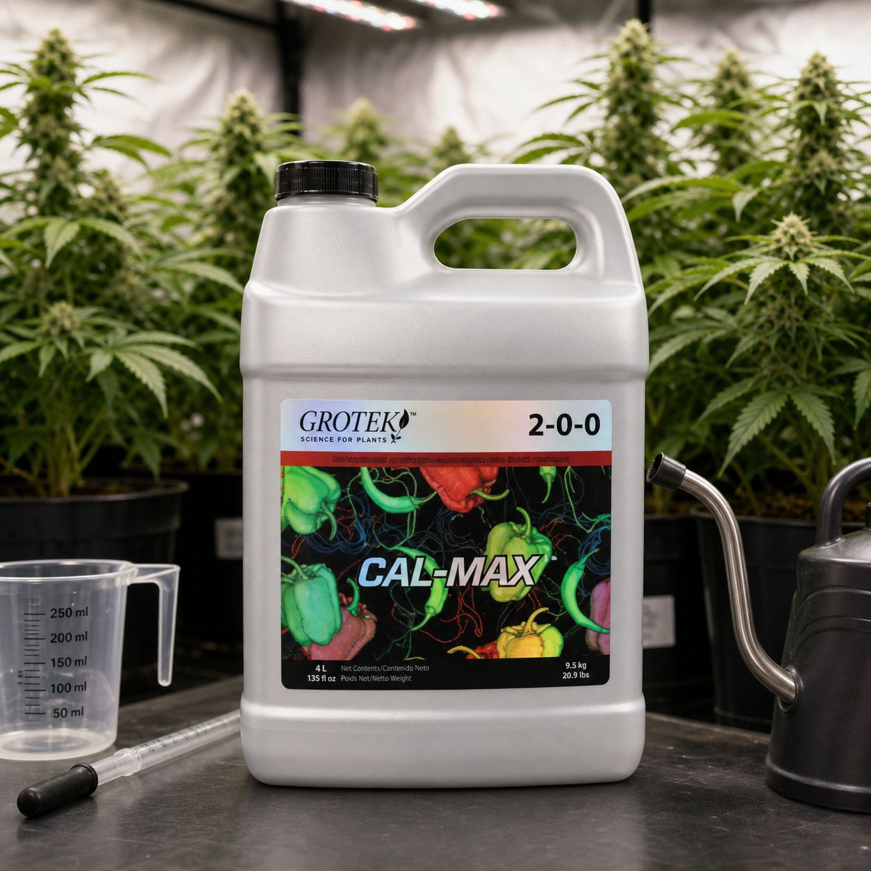 Garrafa de Cal-Max Grotek con etiqueta 2-0-0 sobre una mesa, junto a un vaso medidor y una regadera, con plantas de cannabis al fondo. Garrafa de Cal-Max Grotek con etiqueta 2-0-0 sobre una mesa, junto a un vaso medidor y una regadera, con plantas de cannabis al fondo.