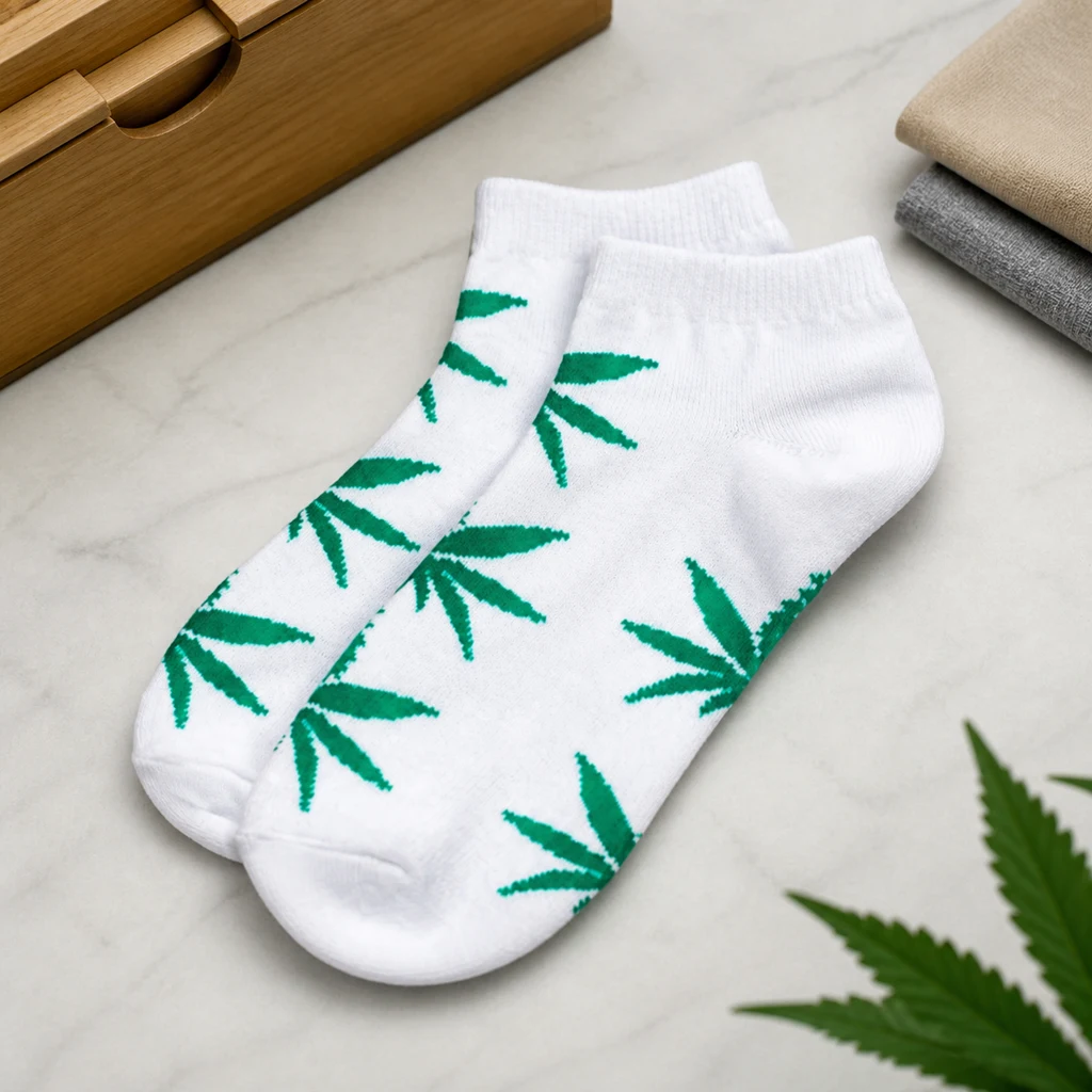 Calcetines cortos blancos con hojas verdes de marihuana, superpuestos sobre una superficie clara junto a una caja de madera y ropa doblada.