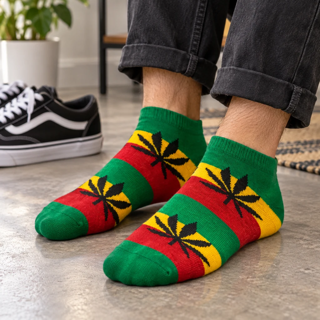 Calcetines tobilleros con franjas verdes, amarillas y rojas y hojas negras de cannabis, puestos bajo unos vaqueros remangados.