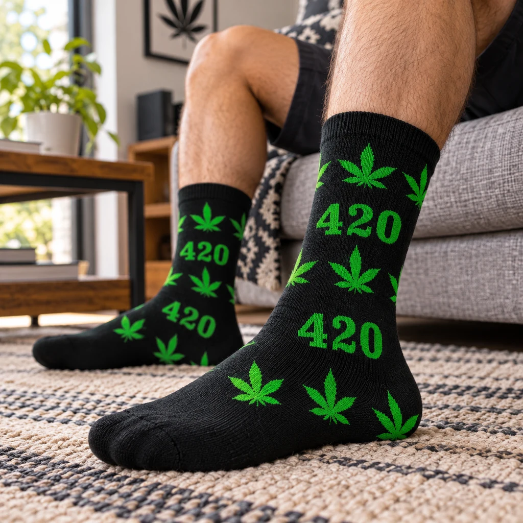 Persona sentada en un sofá con calcetines largos negros decorados con hojas de cannabis y cifras 420 en verde, en primer plano.