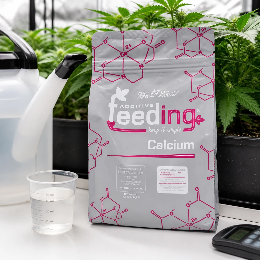 Bolsa plateada de Green House Powder Feeding Calcium junto a un vaso graduado y una regadera, con plantas al fondo. Bolsa plateada de Green House Powder Feeding Calcium junto a un vaso graduado y una regadera, con plantas al fondo.