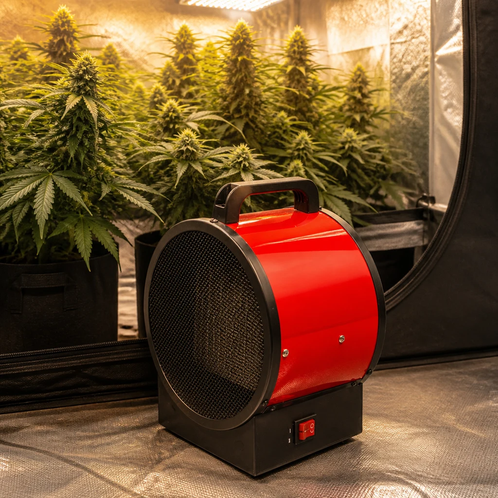 Calentador de aire rojo con rejilla circular negra, asa e interruptor, delante de un armario abierto con plantas en floración. Calentador de aire rojo con rejilla circular negra, asa e interruptor, delante de un armario abierto con plantas en floración.