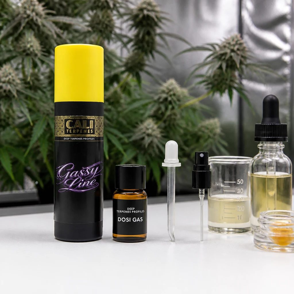 Frasco Dosi Gas de Cali Terpenes junto a un tubo Gassy Line con tapa amarilla, gotero y recipientes con líquido, con plantas al fondo.