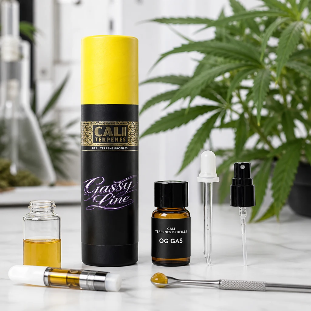 Envase Gassy Line y frasco OG Gas de Cali Terpenes junto a un gotero, un pulverizador y un cartucho, con plantas al fondo.