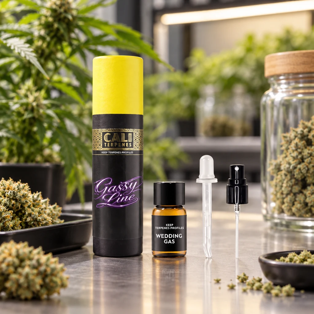 Cali Terpenes Wedding Gas en frasco ámbar junto a su estuche negro y amarillo, una pipeta y un pulverizador, rodeados de cogollos.