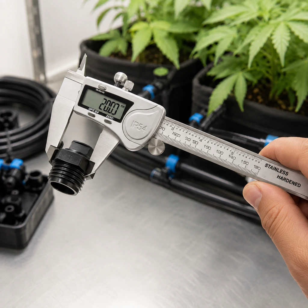 Una mano sostiene un calibre digital que mide un racor negro y muestra 20,0 mm, con tuberías y macetas al fondo. Una mano sostiene un calibre digital que mide un racor negro y muestra 20,0 mm, con tuberías y macetas al fondo.