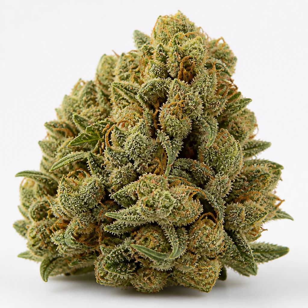 Ilustración de un cogollo cónico verde con pequeñas hojas y filamentos naranjas para la ficha de California Kush Fast Feminizada.
