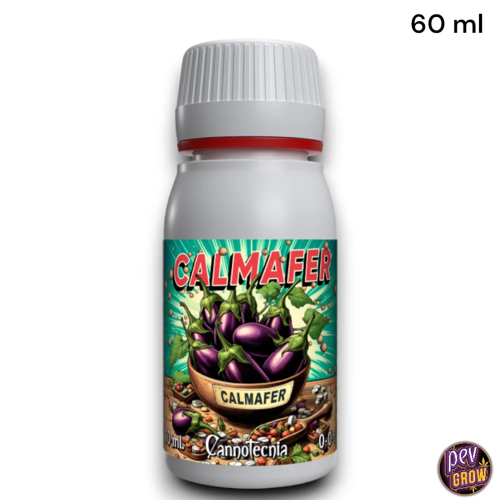 Bote de Calmafer Cannotecnia de 60 ml, con tapón blanco y etiqueta verde ilustrada con berenjenas en un cuenco.