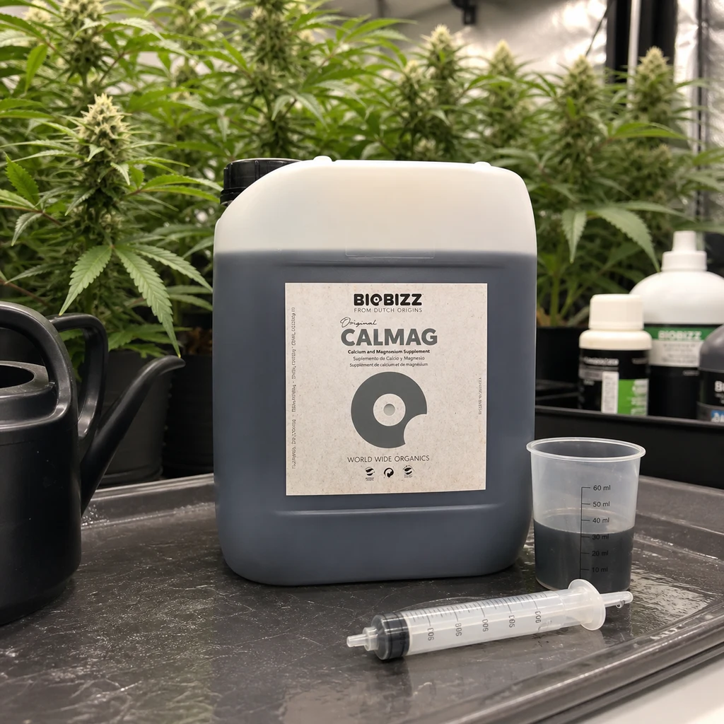 Gar garrafa de BioBizz Calmag junto a un vaso graduado con líquido oscuro y una jeringa, con plantas de cannabis en floración al fondo.