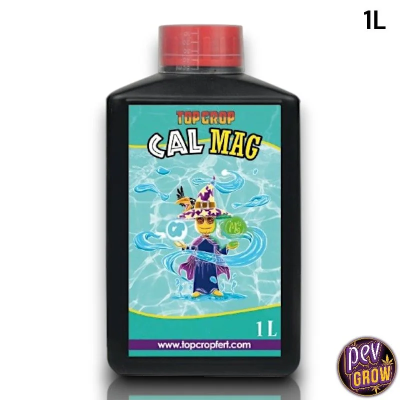 Botella negra de CalMag Top Crop con tapón rojo y etiqueta turquesa decorada con un mago entre remolinos de agua.