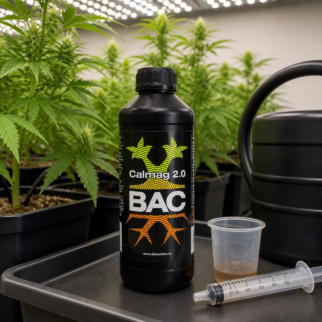 Botella negra de BAC Calmag 2.0 junto a un vaso con líquido, una jeringa y una regadera, con plantas al fondo.