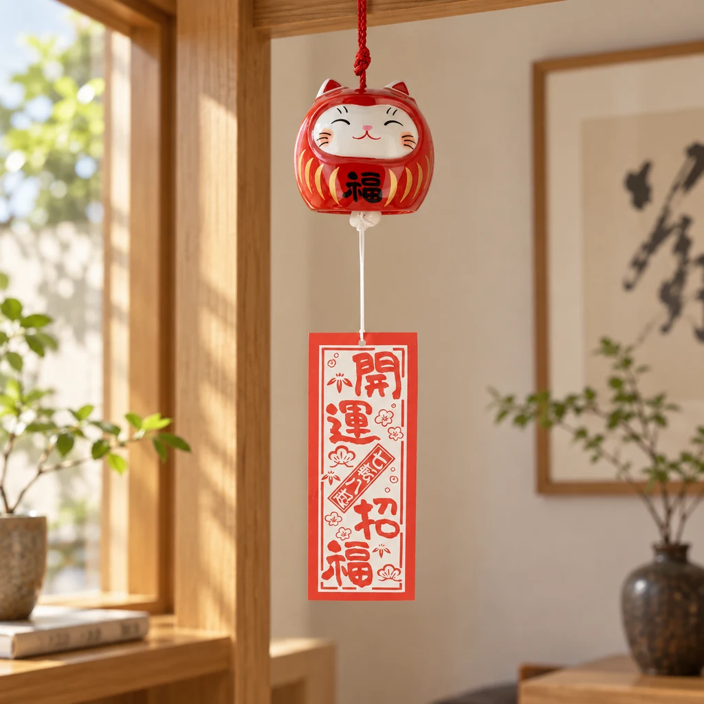 Campana Furin Neko-Daruma roja con rostro de gato sonriente y tira colgante con caracteres japoneses, junto a una ventana de madera.