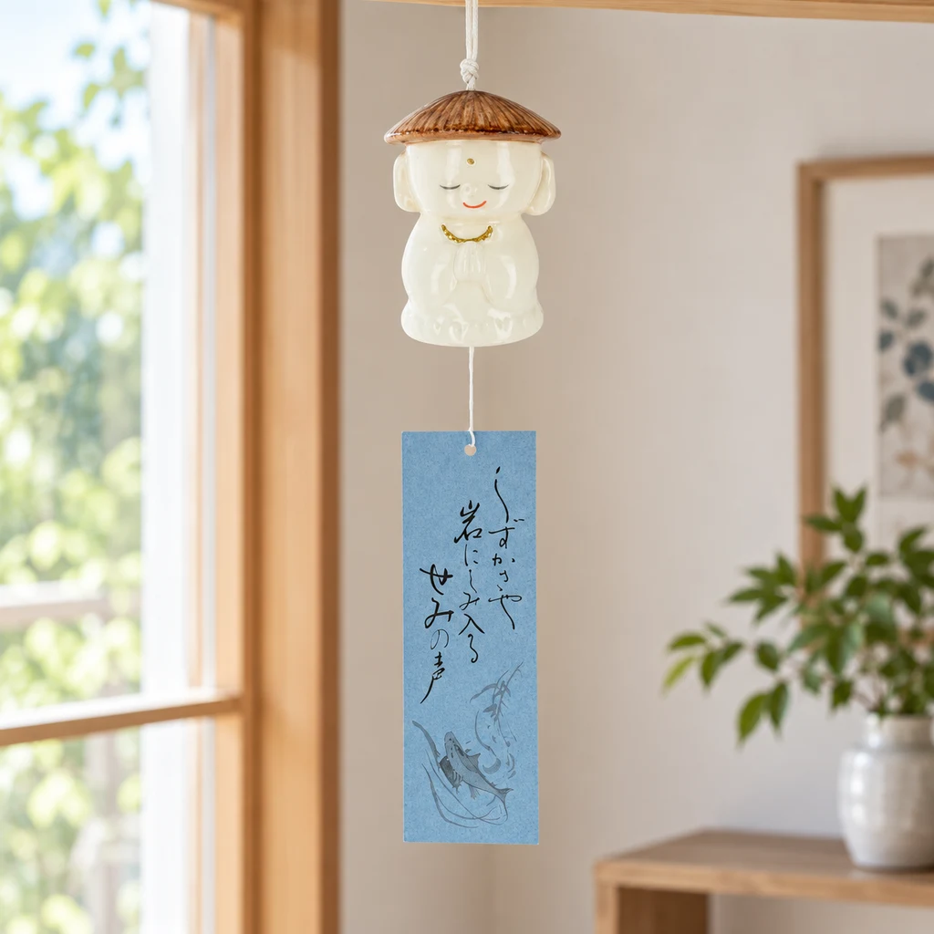 Campana de viento Jizo Furin con figura blanca de manos juntas, sombrero marrón y tira azul con caligrafía, colgada junto a una ventana.