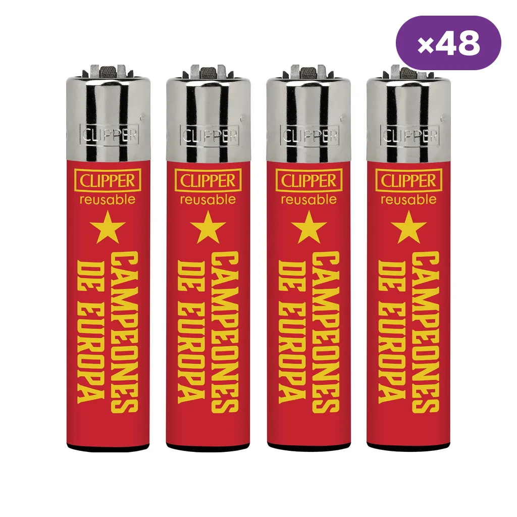 Encendedores Clipper rojos con estrella amarilla y texto «Campeones de Europa», alineados sobre fondo blanco con el distintivo «×48».