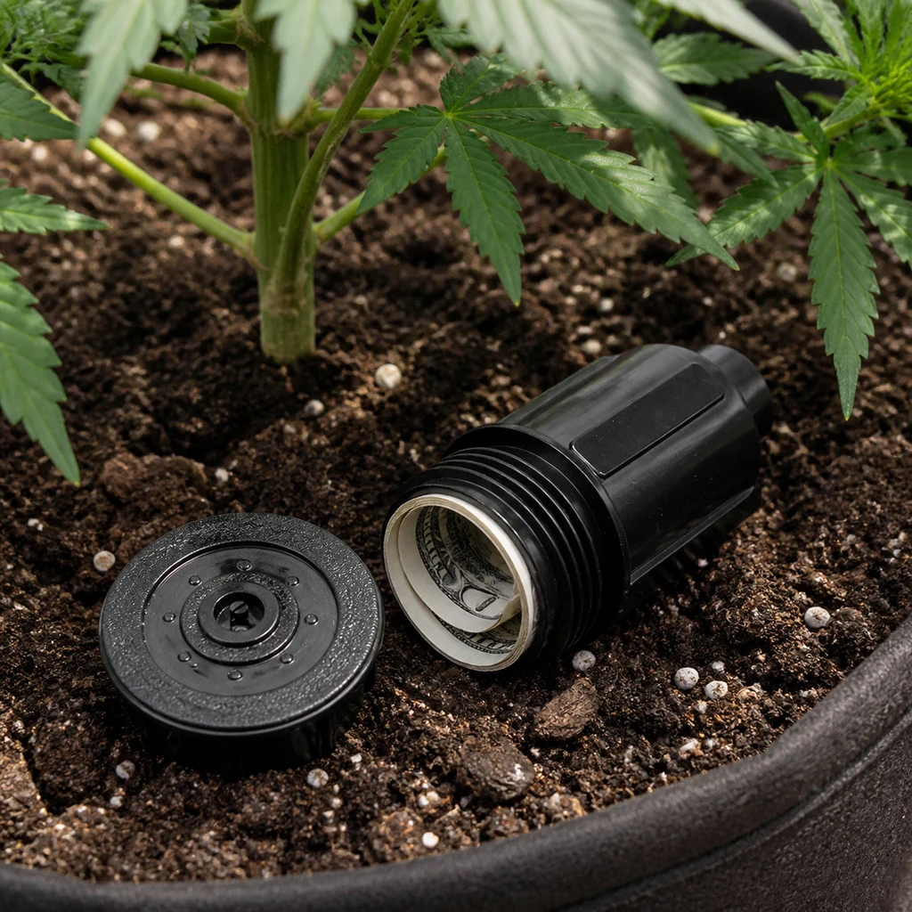 Escena generada de un recipiente negro abierto con billetes enrollados, sobre la tierra de una maceta junto a una planta de cannabis.