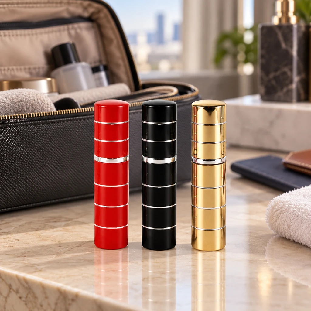 Atomizadores de perfume cilíndricos en rojo, negro y dorado, con franjas plateadas, sobre una encimera junto a un neceser abierto.