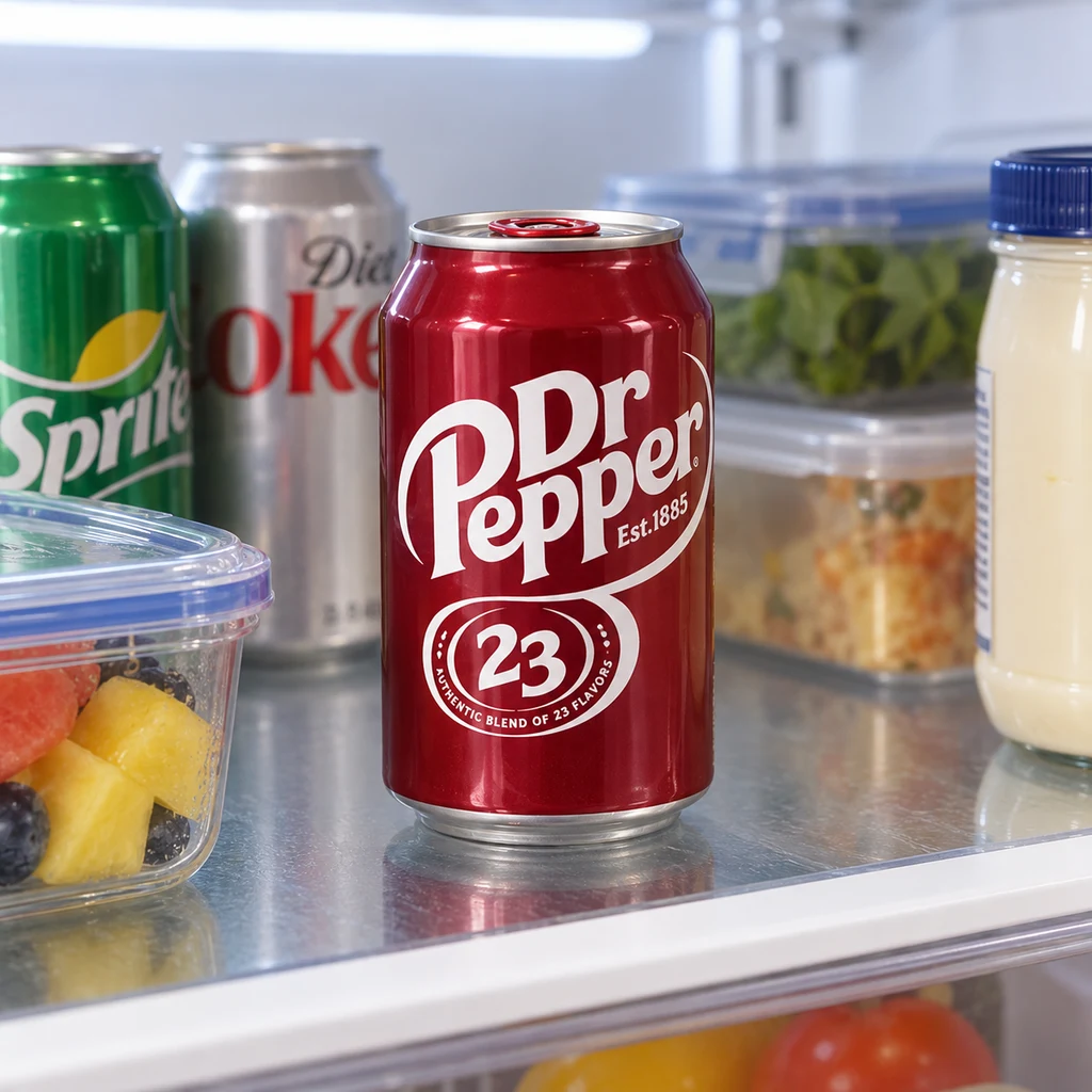 Bote de camuflaje con apariencia de lata roja de Dr Pepper, situado en una nevera junto a otras bebidas y recipientes de comida.