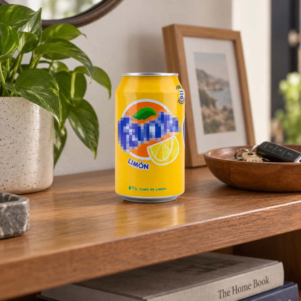 Lata amarilla de Fanta Limón con el logotipo pixelado, sobre un mueble de madera junto a una planta y un cuenco con llaves. Lata amarilla de Fanta Limón con el logotipo pixelado, sobre un mueble de madera junto a una planta y un cuenco con llaves.