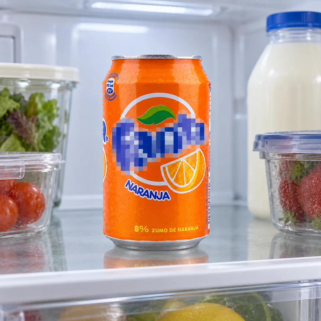 Lata de camuflaje Fanta Naranja en una escena generada de frigorífico, con logotipo pixelado, junto a leche y recipientes de alimentos. Lata de camuflaje Fanta Naranja en una escena generada de frigorífico, con logotipo pixelado, junto a leche y recipientes de alimentos.