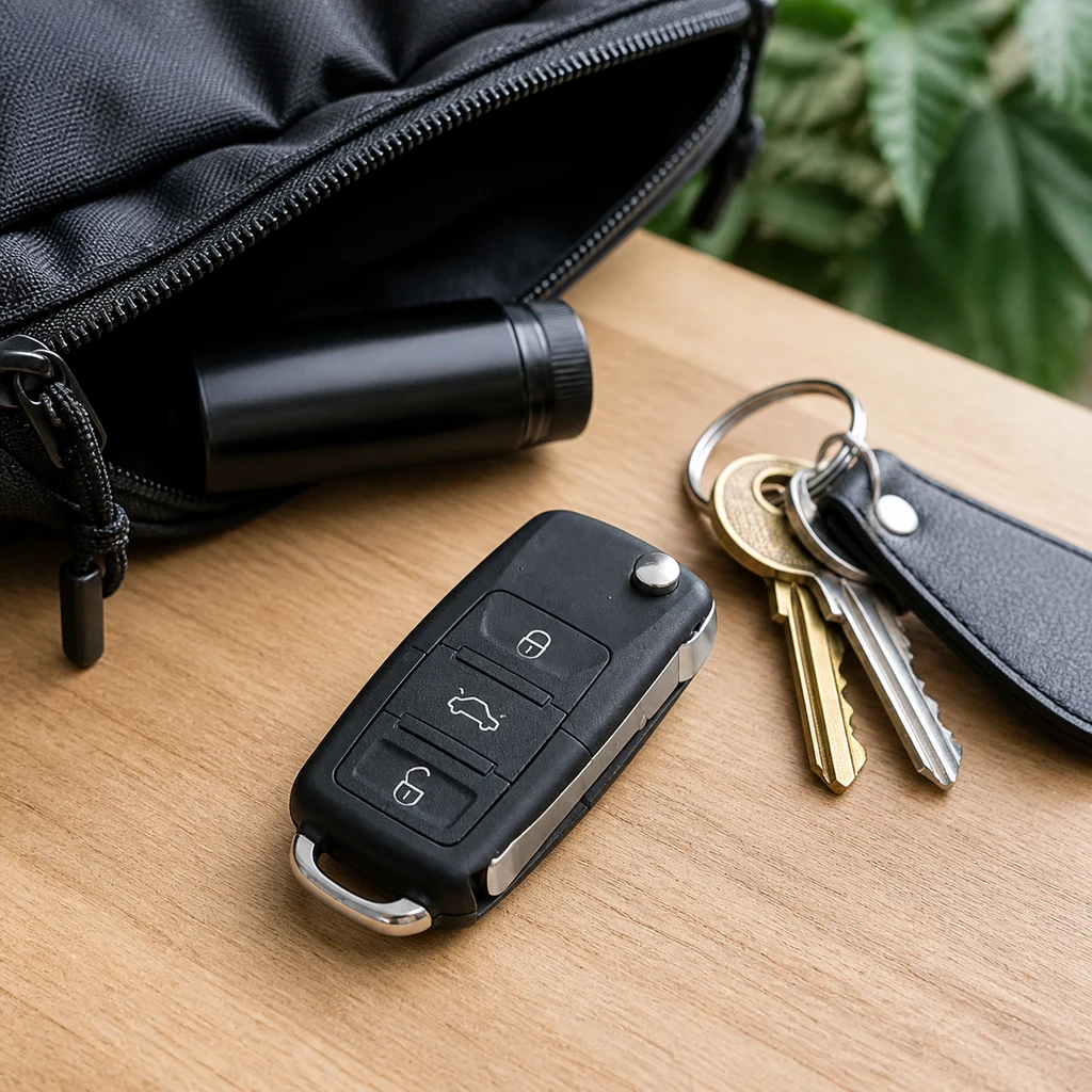 Camuflaje con forma de mando de coche negro y botones con iconos, sobre una mesa junto a unas llaves y un bolso abierto.