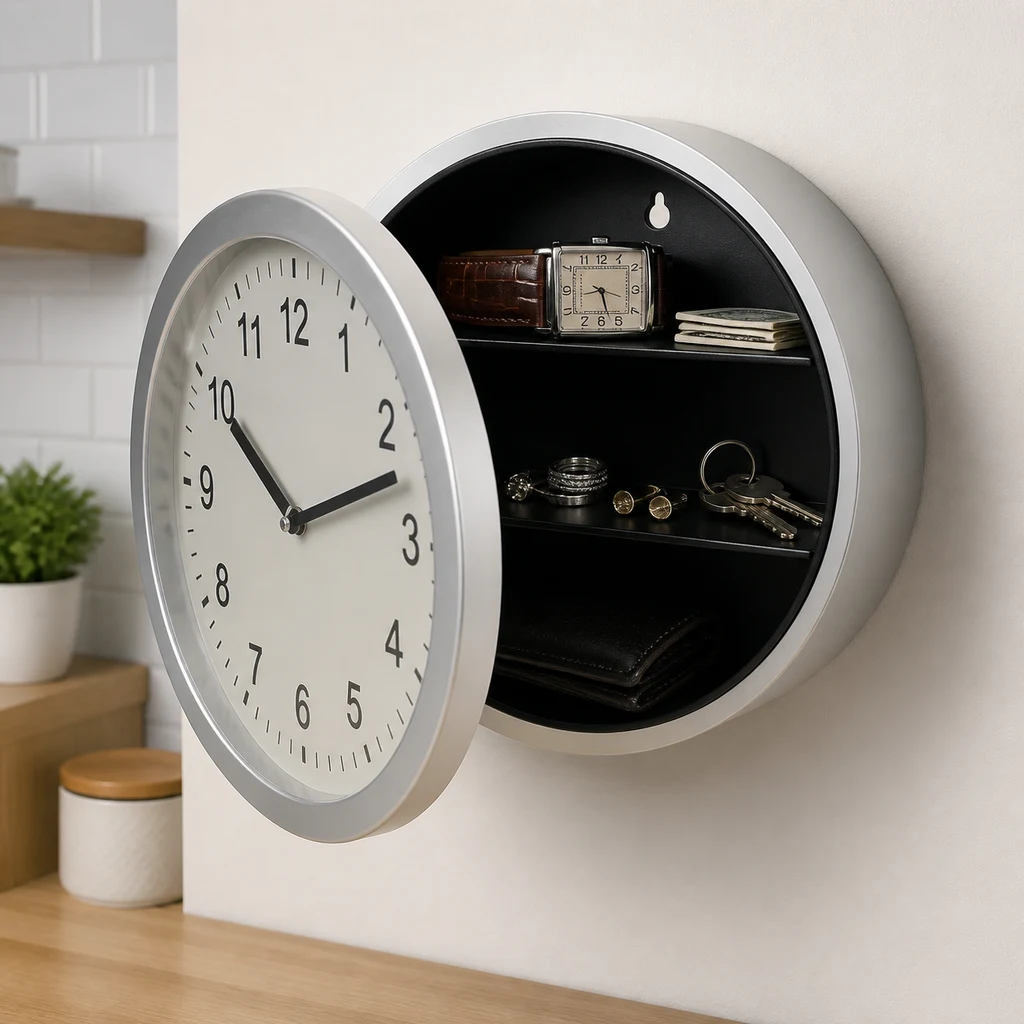 Reloj de pared con marco plateado y esfera abierta que muestra un compartimento con estantes, un reloj de pulsera, llaves y cartera.