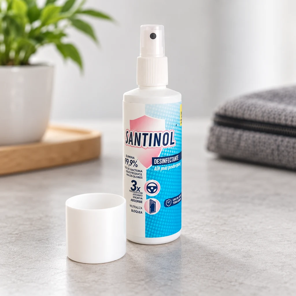 Escena generada de un spray Santinol blanco con etiqueta azul y rosa, destapado sobre una encimera, junto a su tapa, una planta y toallas grises. Escena generada de un spray Santinol blanco con etiqueta azul y rosa, destapado sobre una encimera, junto a su tapa, una planta y toallas grises.