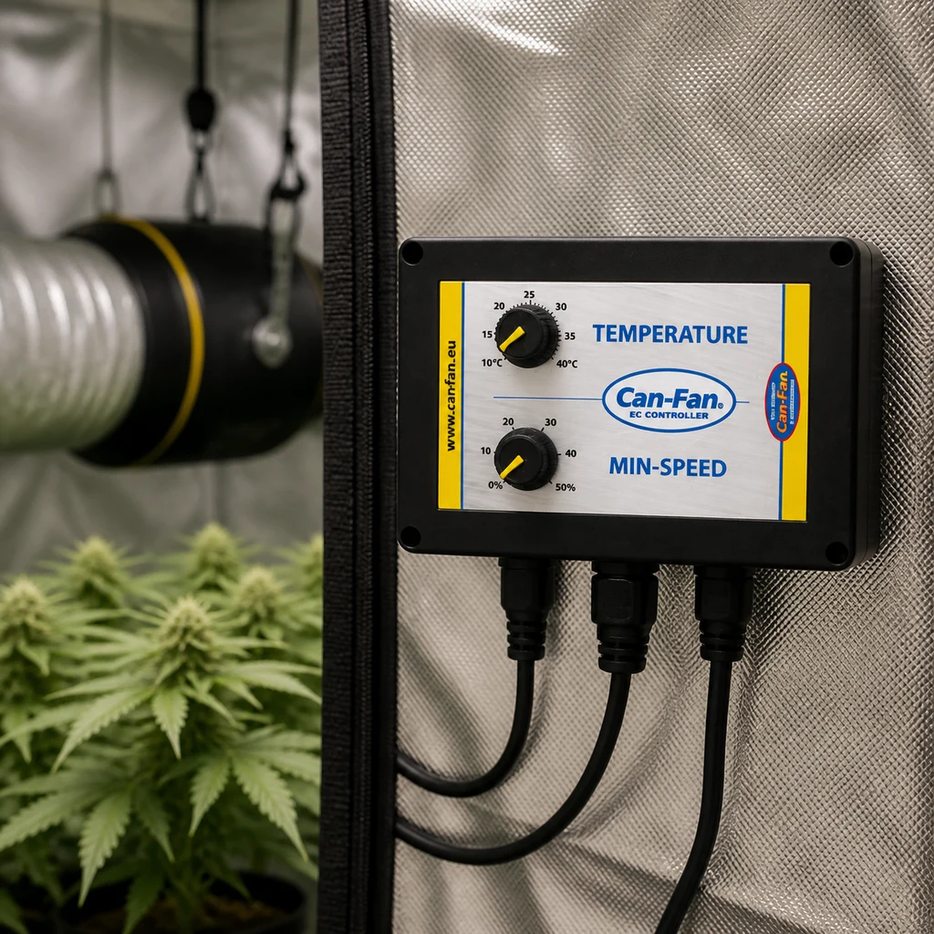 Controlador Can-Fan EC con mandos de temperatura y velocidad mínima, instalado en la pared reflectante junto a un extractor y plantas.