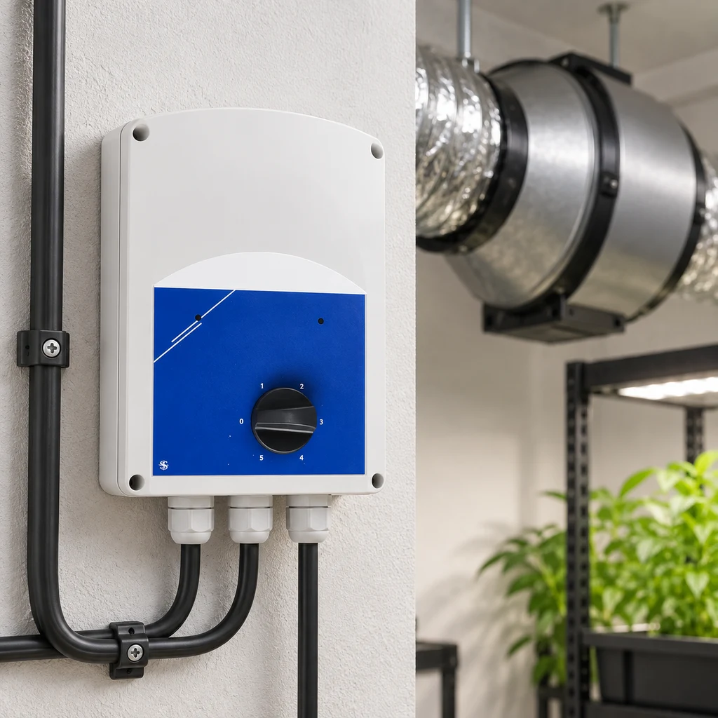 Control Can Fan de pared con frontal azul, selector giratorio numerado y cables inferiores, junto a un extractor de conducto.