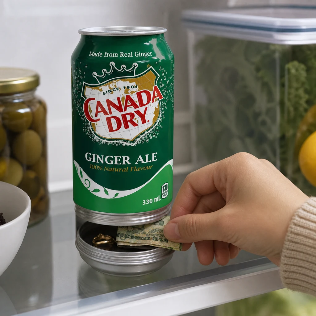 Bote secreto con apariencia de lata Canada Dry en una nevera, con la base abierta y una mano introduciendo un billete en el compartimento.