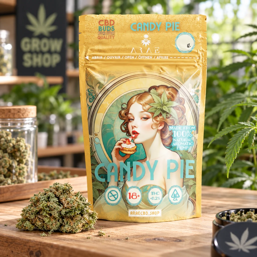 Bolsa dorada Candy Pie CBD con una mujer ilustrada, sobre una mesa junto a cogollos y con plantas al fondo.