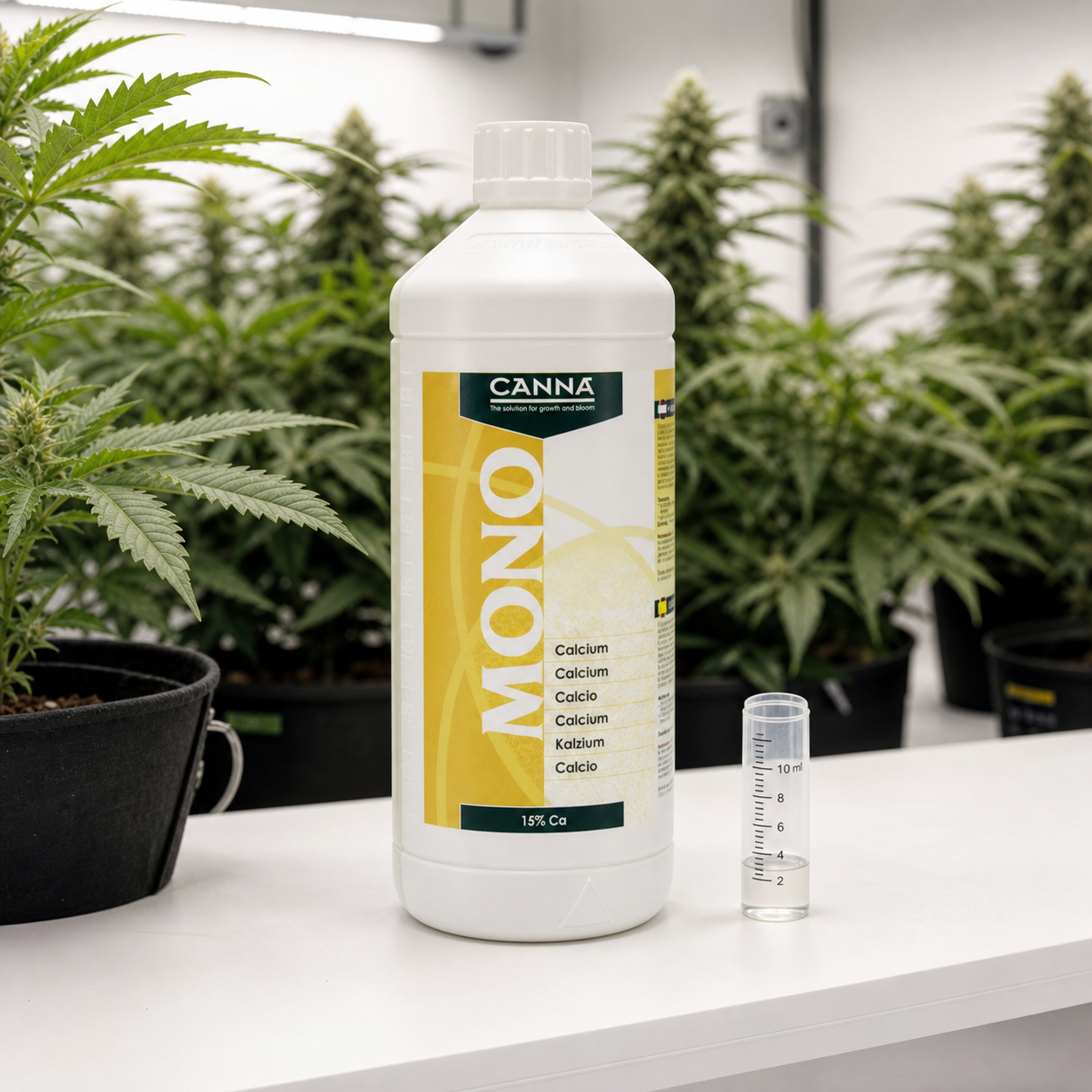 Botella blanca de Canna Calcium con etiqueta amarilla «15% Ca», junto a un medidor graduado y plantas de cannabis al fondo. Botella blanca de Canna Calcium con etiqueta amarilla «15% Ca», junto a un medidor graduado y plantas de cannabis al fondo.