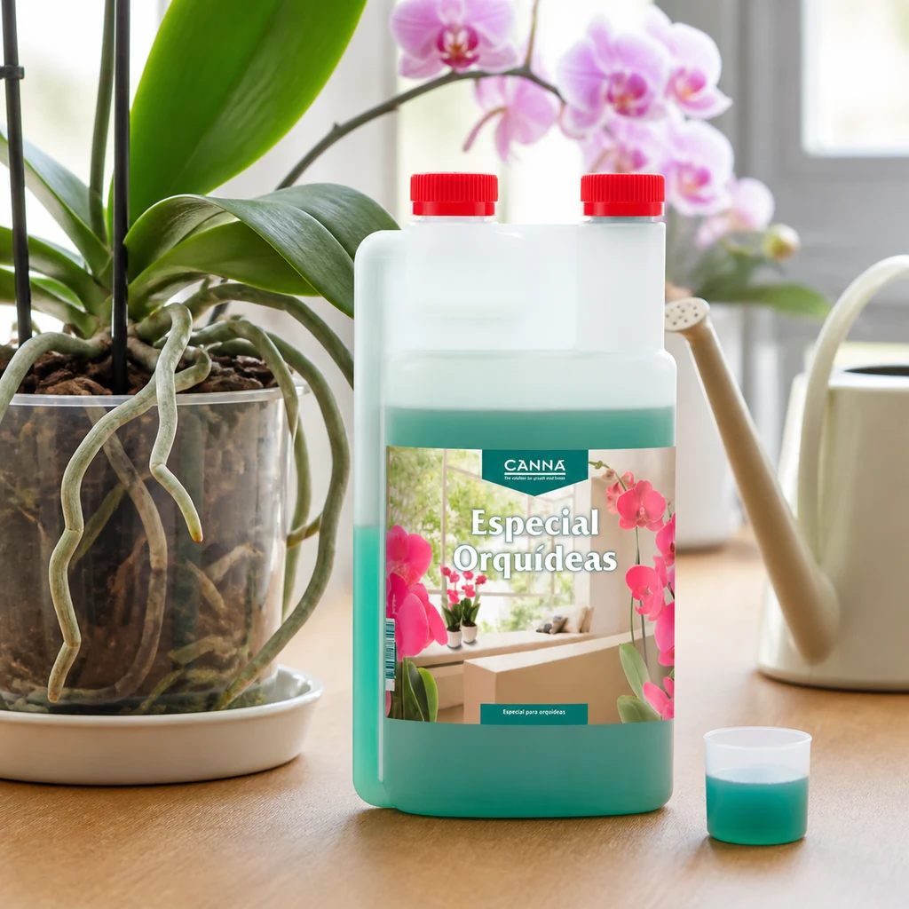 Envase de Canna Especial Orquídeas con tapones rojos y líquido turquesa, junto a un vasito dosificador, una orquídea y una regadera.