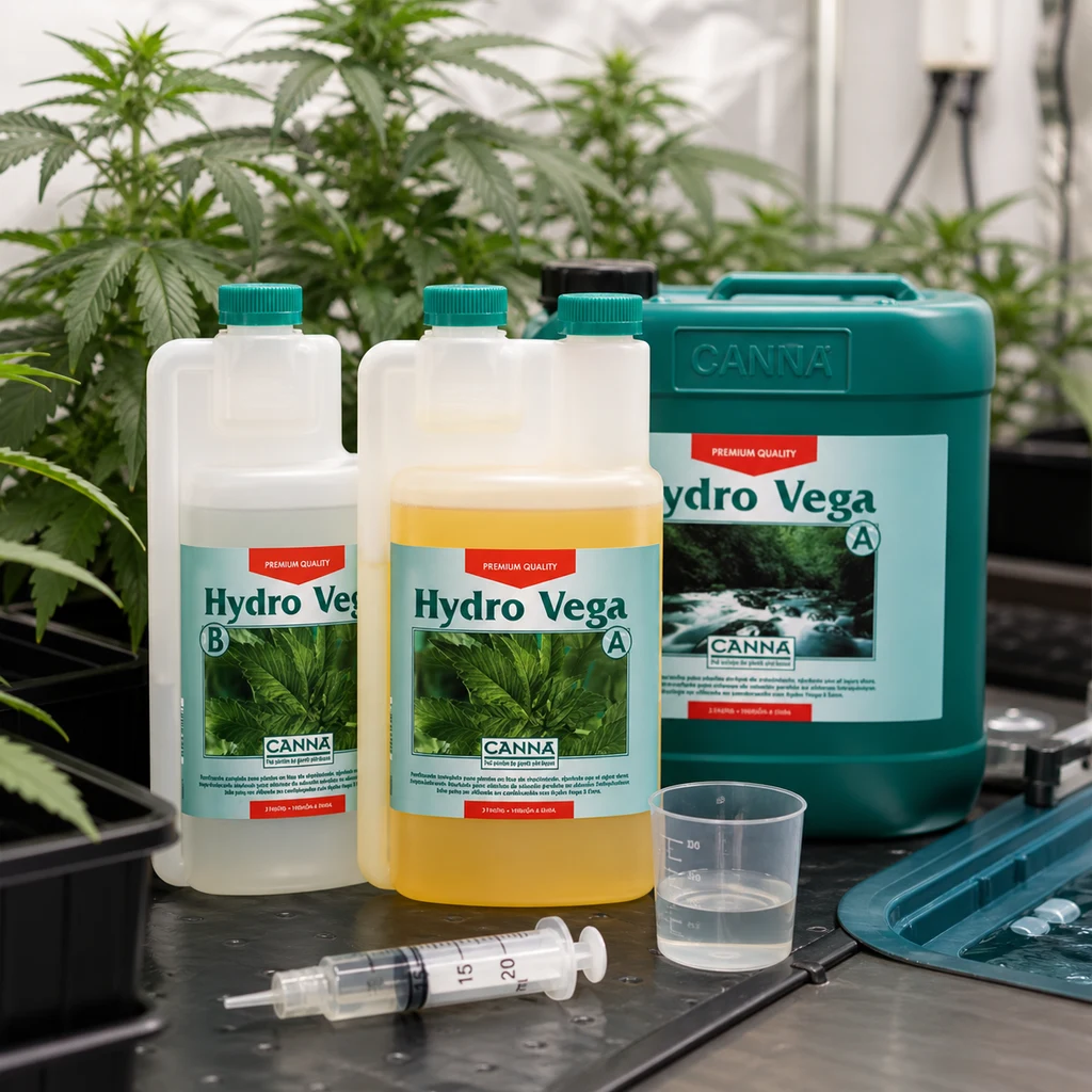 Escena generada con envases Canna Hydro Vega A y B junto a un vaso medidor y una jeringa, con plantas de cannabis al fondo.