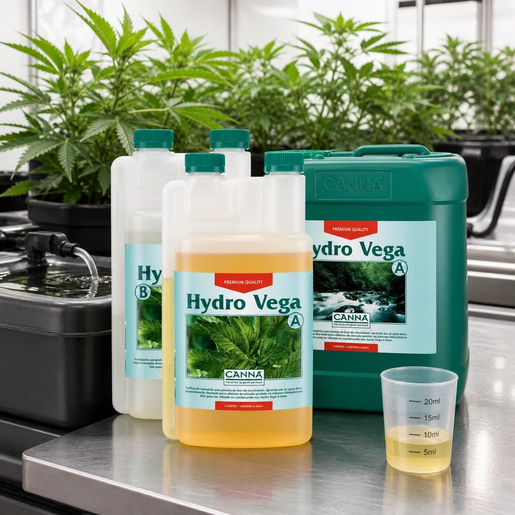 Envases Canna Hydro Vega A y B de distintos formatos junto a un vaso graduado con líquido amarillo, con plantas y un depósito al fondo.