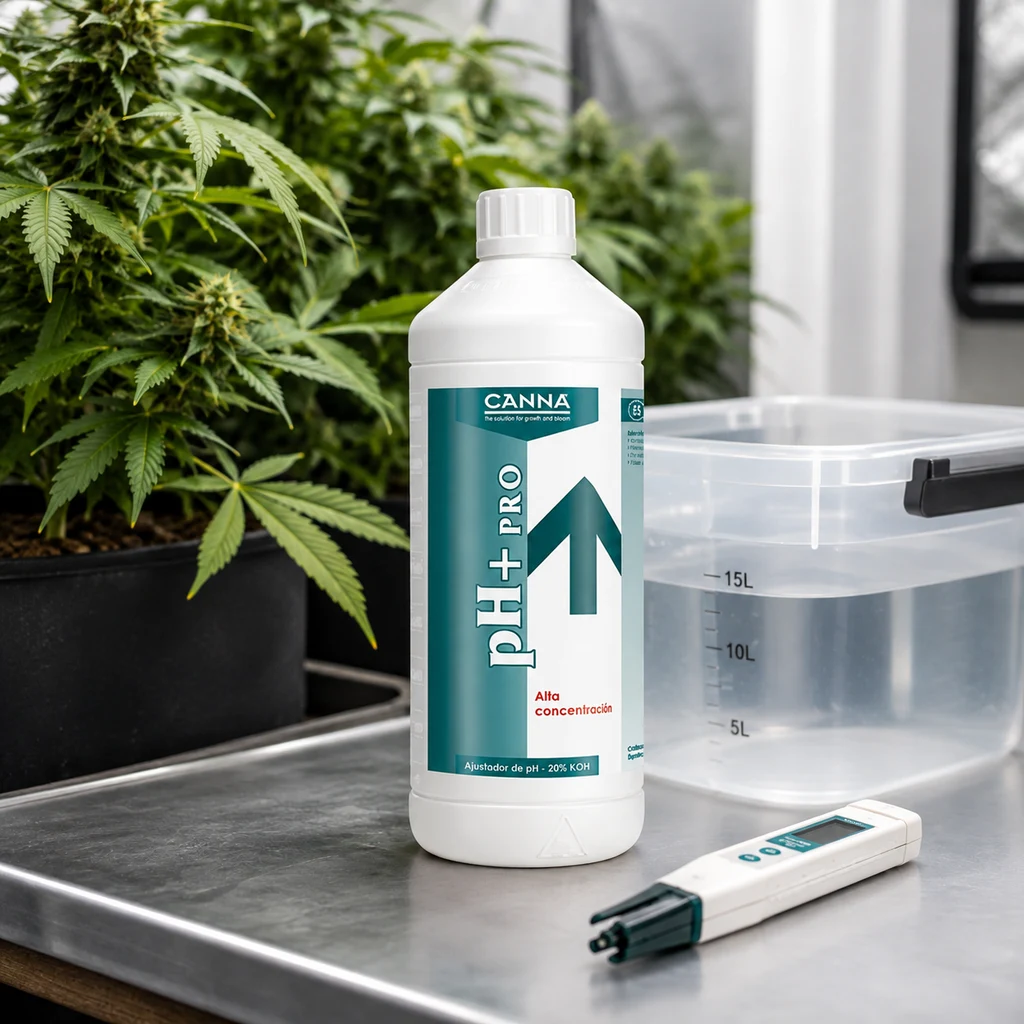 Bote blanco de Canna pH Plus Pro con etiqueta verde, junto a un recipiente graduado con agua y un medidor digital, con plantas al fondo.