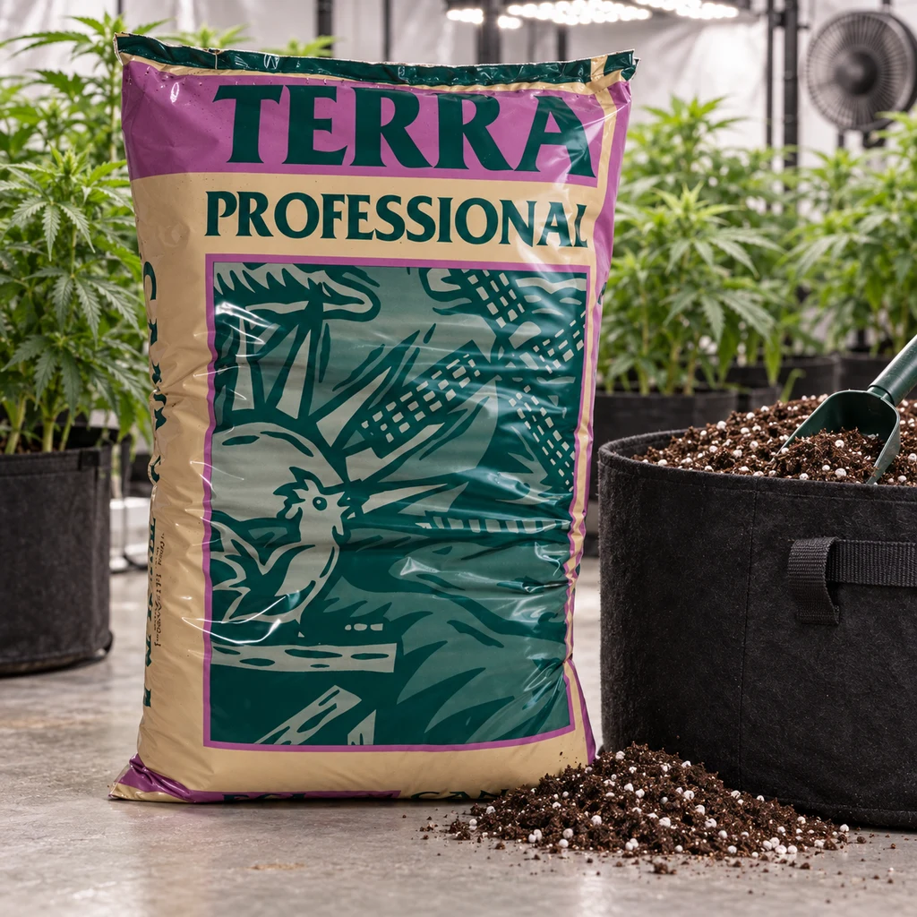 Escena generada de un saco Terra Professional junto a una maceta negra con sustrato y una pala verde, con plantas al fondo.