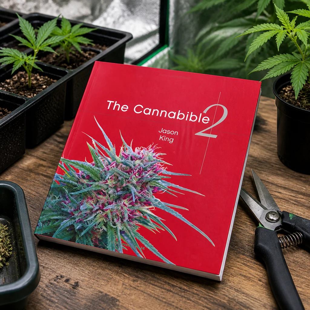 Libro The Cannabible 2 de Jason King, de portada roja con un cogollo, sobre una mesa junto a tijeras de poda y plantas en macetas. Libro The Cannabible 2 de Jason King, de portada roja con un cogollo, sobre una mesa junto a tijeras de poda y plantas en macetas.