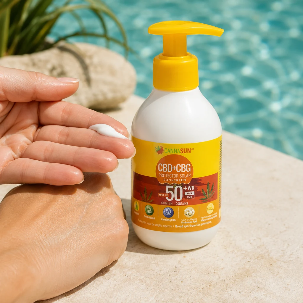 Bote de Cannasun SPF 50+ con dosificador amarillo junto a unas manos con crema blanca, al borde de una piscina.