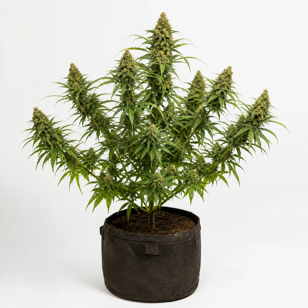 Ilustración de una planta de cannabis ramificada en maceta textil oscura, con flores alargadas, para la ficha de Caprichosa Thai.