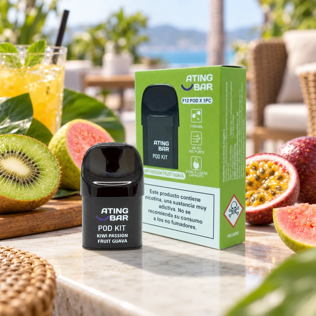 Escena generada de un pod Ating Bar negro junto a su caja verde, rodeado de kiwi, maracuyá y guayaba en una terraza.