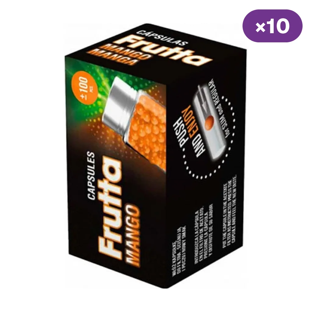Caja negra de cápsulas de sabor mango, con un frasco de cápsulas naranjas ilustrado y distintivo de caja de 10.