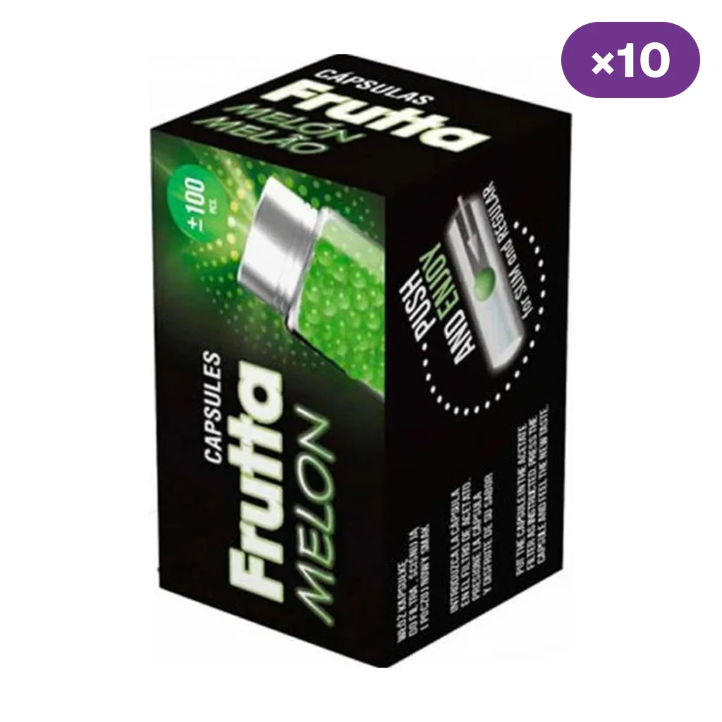 Caja negra y verde de cápsulas de sabor melón, con el texto «Frutta Melon», la indicación de 100 unidades y un distintivo «×10».