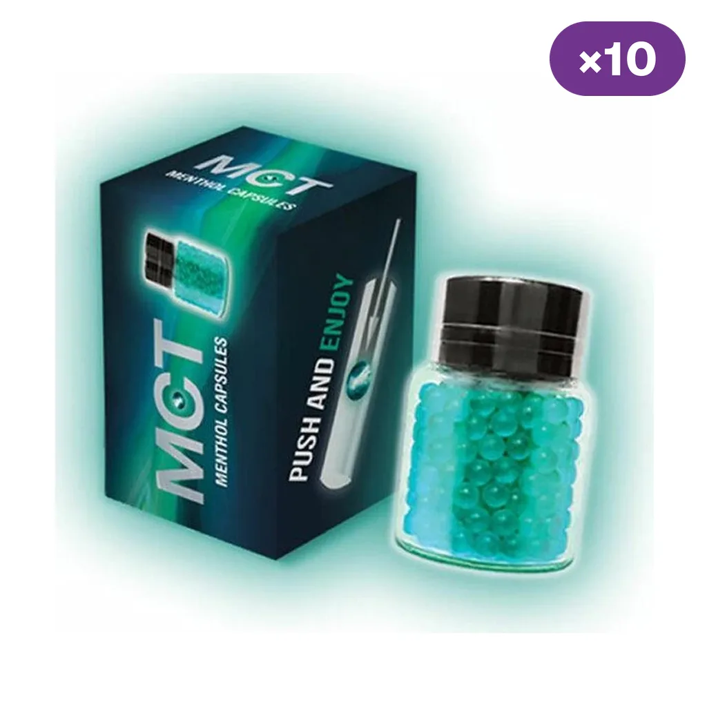 Frasco transparente con cápsulas turquesas y tapón negro junto a una caja MCT Menthol Capsules; una insignia indica diez unidades.