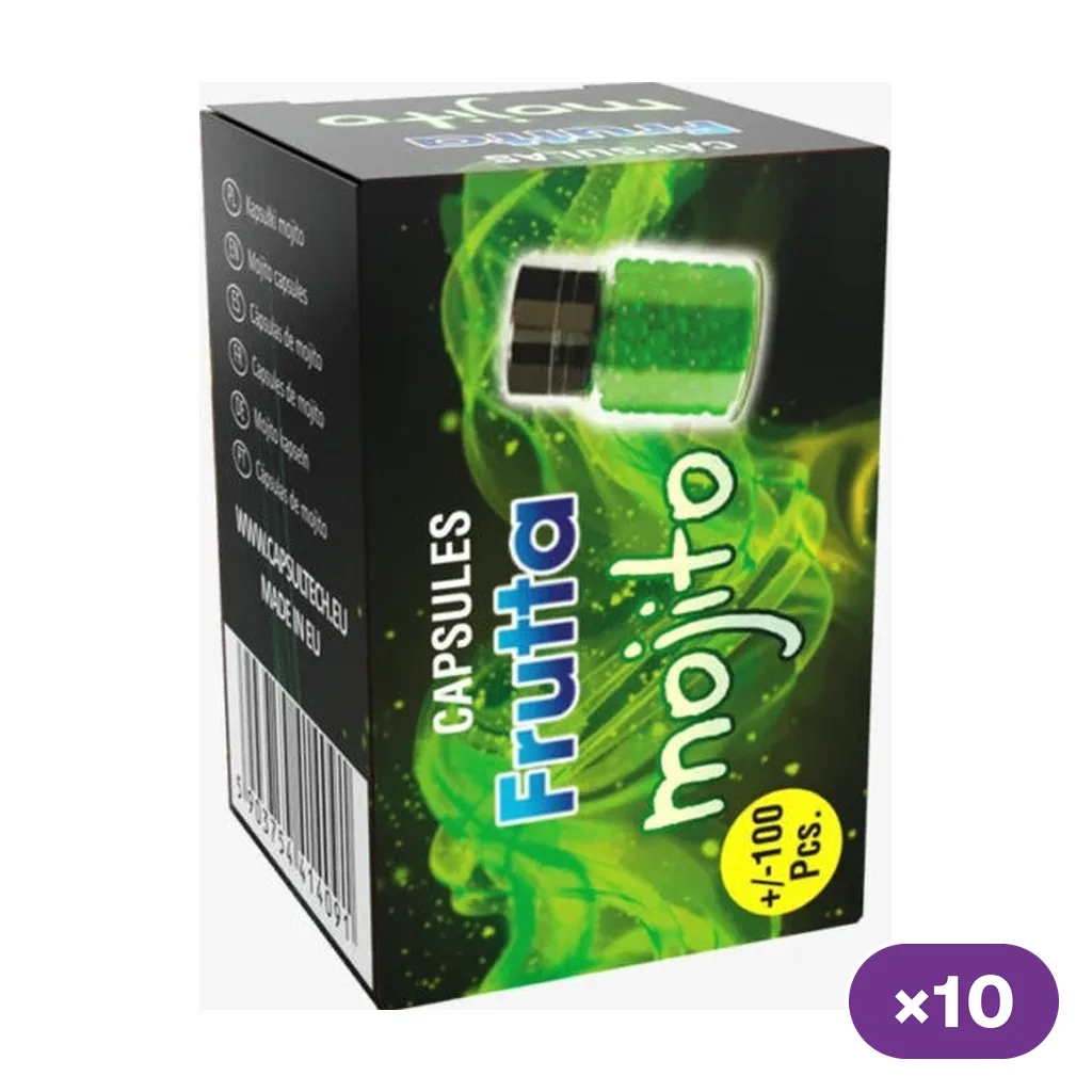 Caja de cápsulas Fruitta Mojito con diseño verde y negro, dibujo de un frasco y distintivo morado de diez unidades.