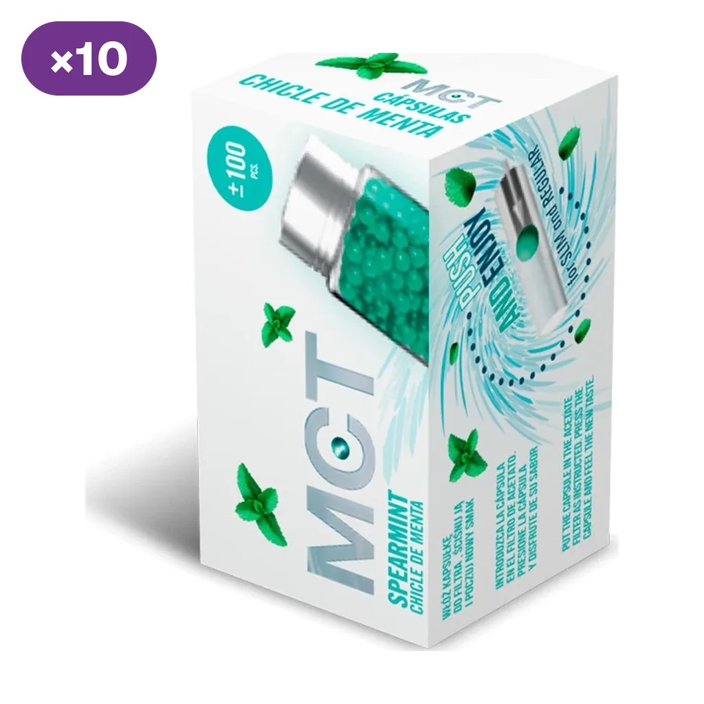 Caja MCT Spearmint chicle de menta, blanca y turquesa, con cápsulas verdes y hojas de menta ilustradas; indica 100 unidades y un distintivo de diez cajas.